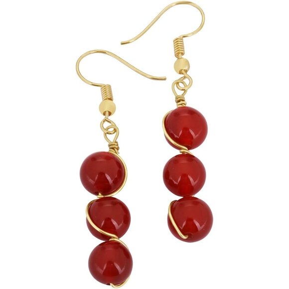 Red Wire Wrapped Triple Ball Beaded Dangle DropTrendy Hook Earrings for Ladies - Picture 2 of 4